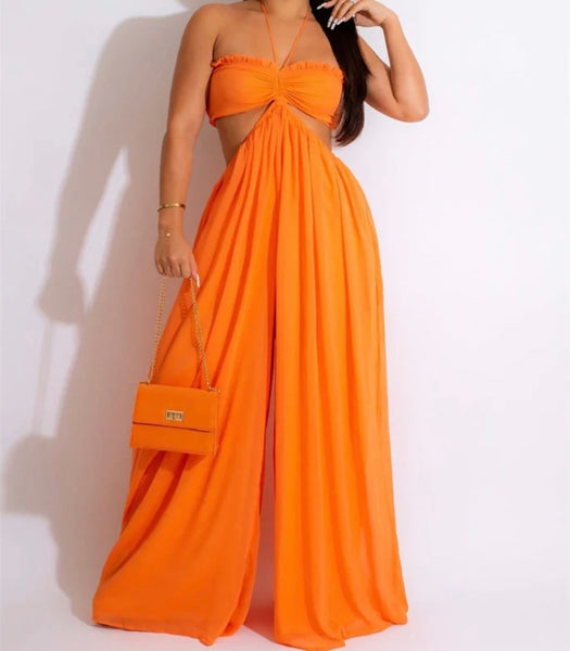Women Sexy Sleeveless Halter Cut Out Wide Leg Jumpsuit