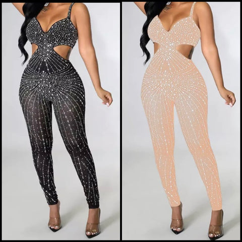 Women Sexy Rhinestone Mesh Sleeveless Side Cut Out Jumpsuit