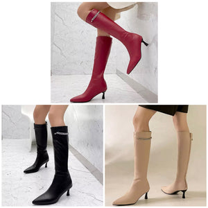 Women Faux Leather Fashion Chain Knee-High Boots