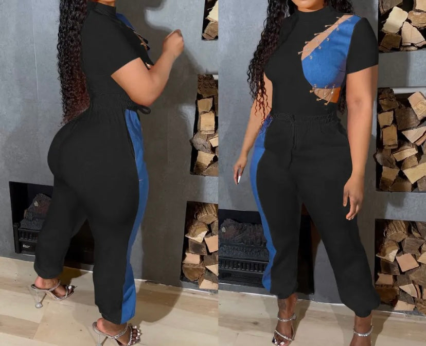 Women Short Sleeve Fashion Chain Denim Patchwork Two Piece Pant Set