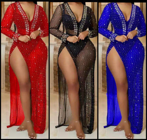 Women Sexy Beaded Rhinestone Full Sleeve High Split Maxi Dress