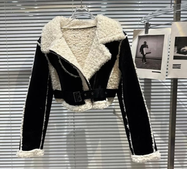 Women Fashion Warm Wool Color Patchwork Buckled Crop Jacket