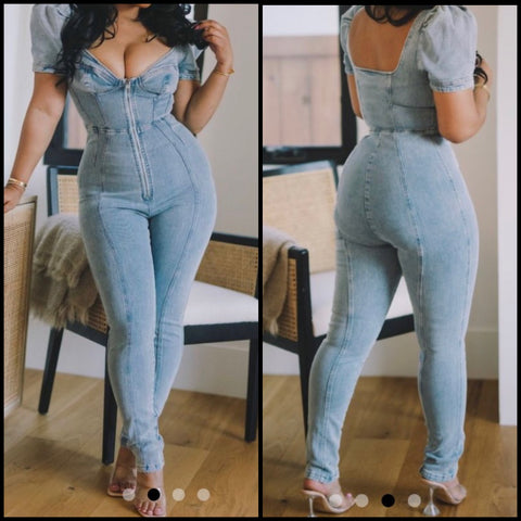 Women Fashion Short Sleeve Front Zipper Denim Jumpsuit