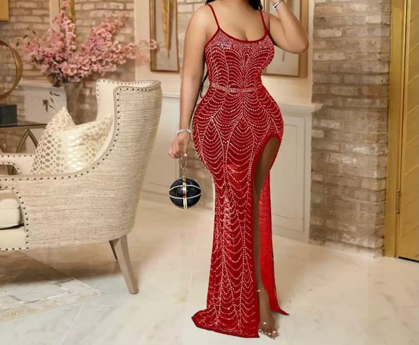 Women Sleeveless Sexy Side High Split Mesh Bling Maxi Dress