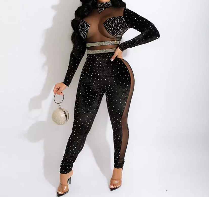 Women Sexy Velour Mesh Bling Patchwork Long Sleeve Jumpsuit