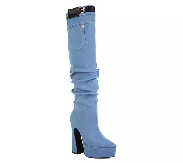 Women Fashion Buckled Denim Platform Pocket Knee High Boots