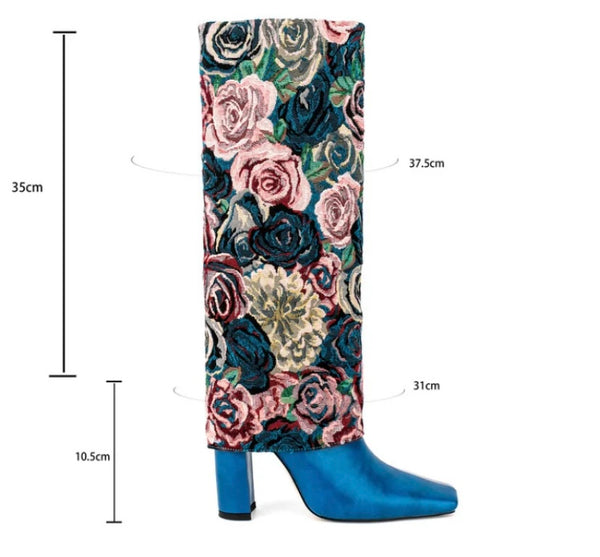 Women Fashion Floral Square Toe Knee High Boots
