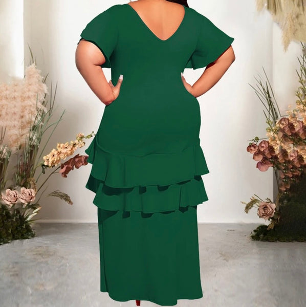 Women Sexy Short Sleeve Front Slit Ruffled Maxi Dress