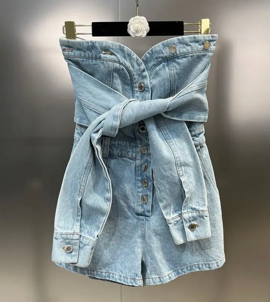 Women Fashion Button Tie Up Denim Romper