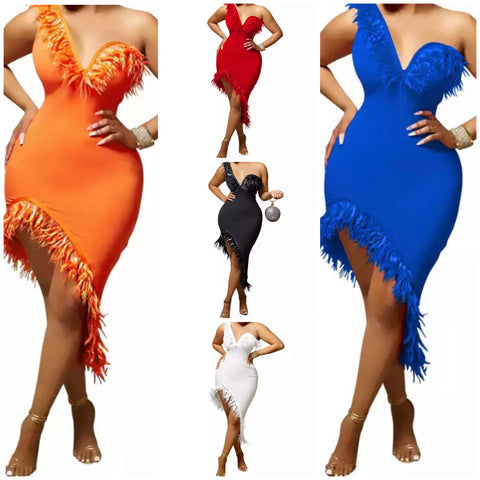 Women Sexy One Shoulder Feather Dress