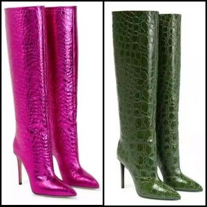 Women Fashion Crocodile Pointed Toe High Heel Knee High Boots