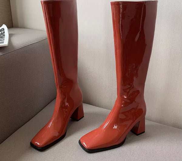 Women Patent Leather Knee-High Square Heel Boots