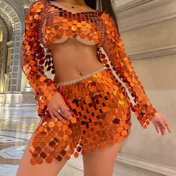 Women Sexy Orange Mirror Full Sleeve Chain Two Piece Skirt Set