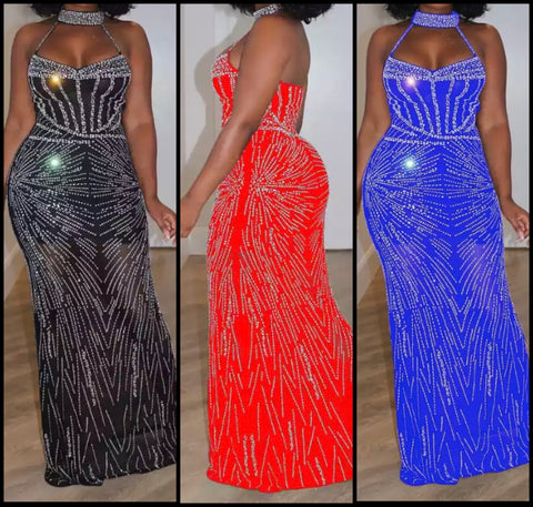 Women Sexy Sleeveless Choker Bling Mesh Maxi Dress