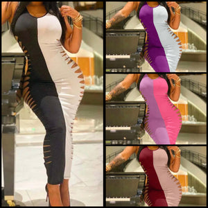 Women Sexy Color Patchwork Side Cut Out Sleeveless Maxi Dress