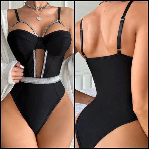 Women Sexy Sleeveless Bling Mesh Patchwork Bodysuit Lingerie