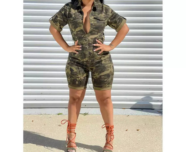 Women Fashion Button Up Short Sleeve Camouflage Romper