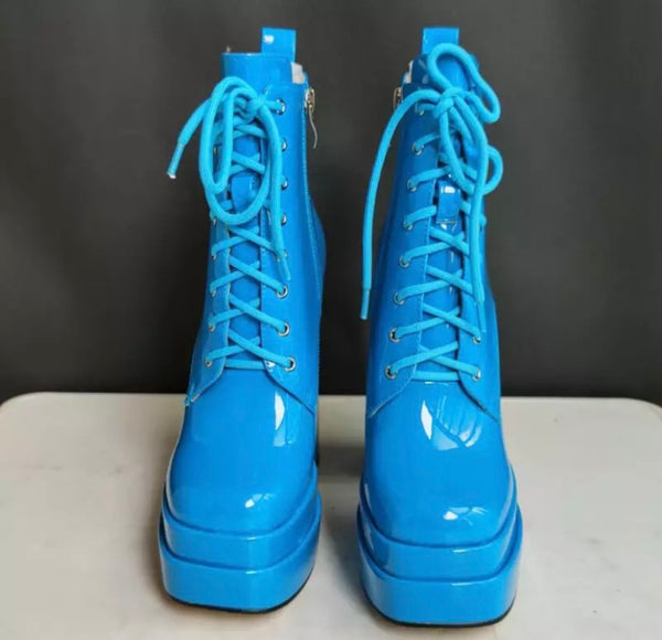 Women Patent Leather Lace Up Platform Ankle Boots