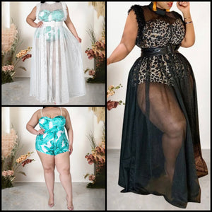 Women Fashion Transparent Printed Bodysuit Two Piece Dress Set