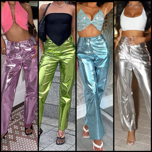 Women Metallic Fashion High Waist Pants