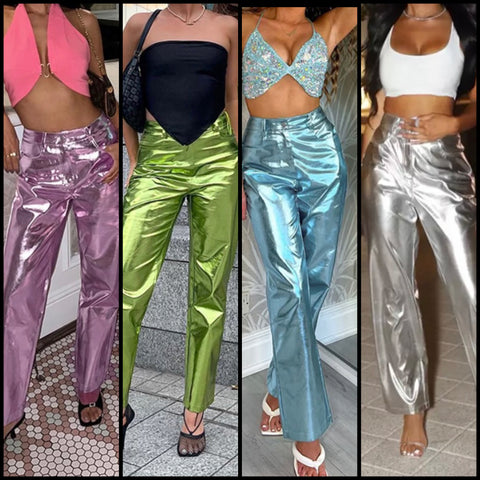 Women Metallic Fashion High Waist Pants