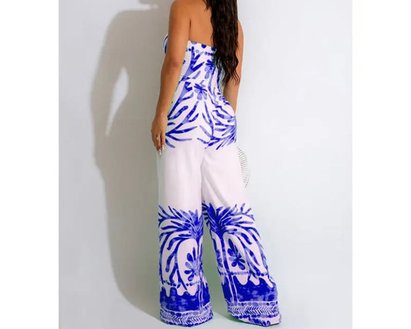 Women Printed Strapless Tie Up Jumpsuit