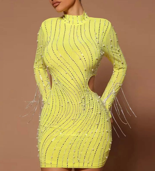 Women Sexy Cut Out Bling Pearl Tassel Full Sleeve Dress