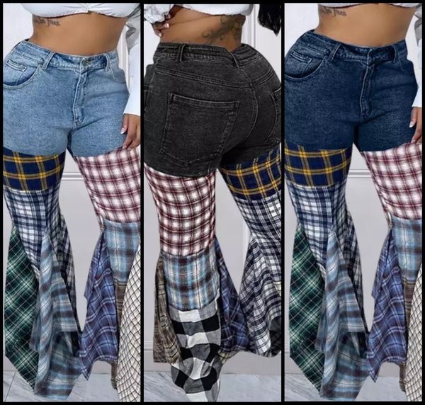 Women Fashion Denim Plaid Patchwork Wide Leg Pant