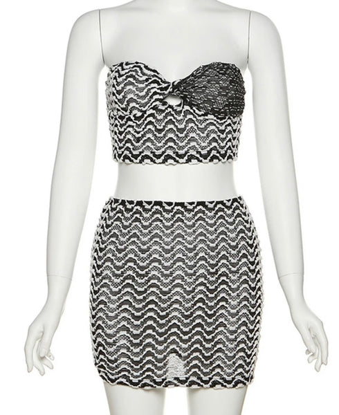 Women Sexy Strapless B&W Printed Two Piece Skirt Set