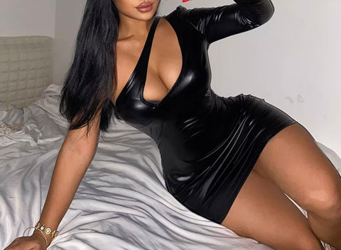 Women Sexy Black PU One Shoulder Full Sleeve Dress