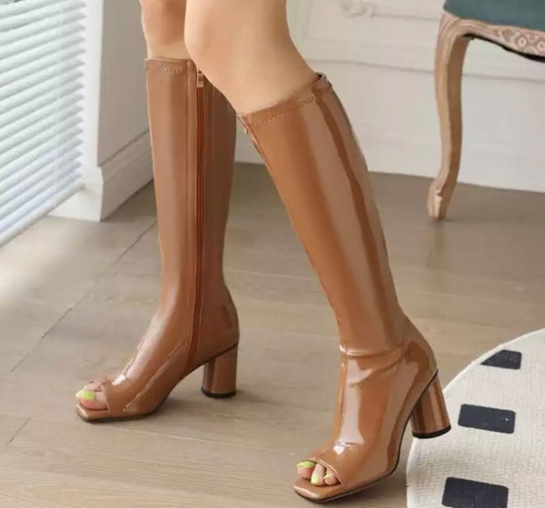 Women Peep Toe Patent Leather Knee High Boots