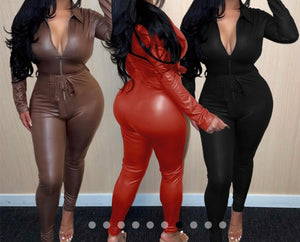 Women Sexy PU Front Zipper Full Sleeve Jumpsuit