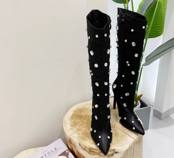 Women Pointed Toe Crystal Fashion High Heel Boots