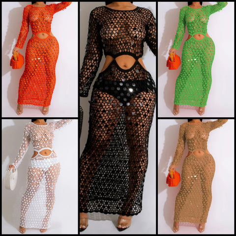 Women Sexy See Through Full Sleeve Cut Out Maxi Dress