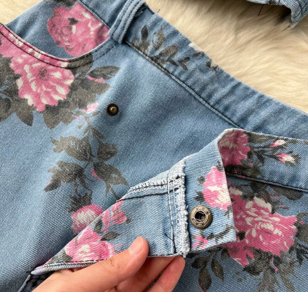 Women Fashion Sleeveless Floral Denim Two Piece Maxi Skirt Set