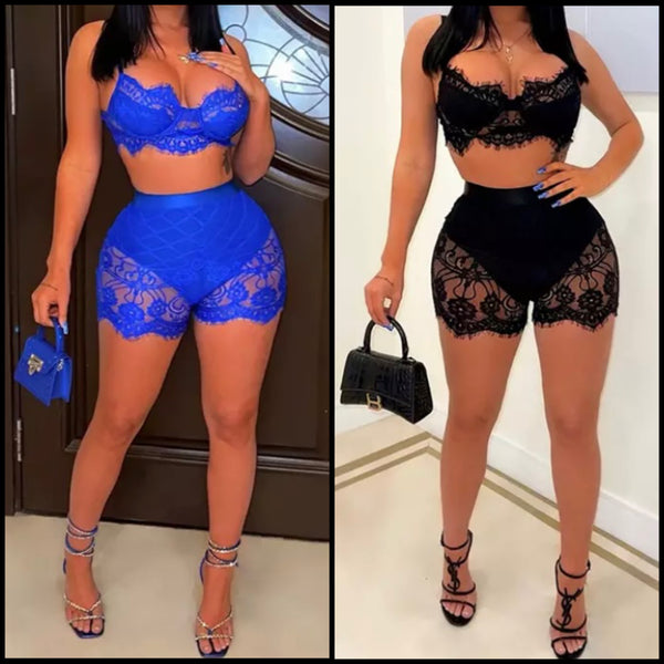 Women Lace Sexy Sleeveless Crop Two Piece Short Set