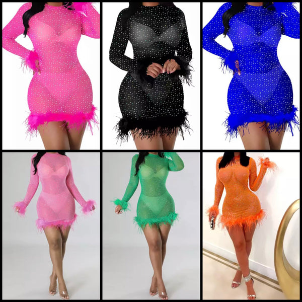 Women Sexy Bling Feather Full Sleeve Mesh Dress