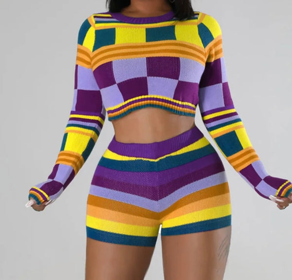 Women Sexy Fashion Full Sleeve Multicolored Striped Two Piece Short Set