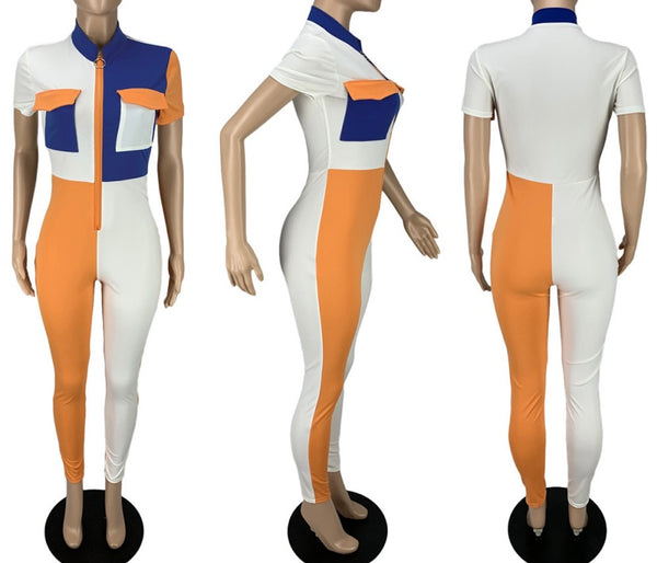 Women Fashion Color Patchwork Zip Up Short Sleeve Jumpsuit