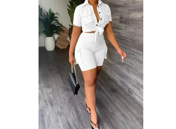 Women Fashion Pocket Short Sleeve Two Piece Short Set