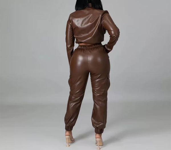 Women Two Piece Button Up Fashion Faux Leather Pant Set