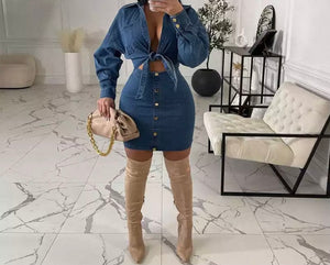 Women Button Up Two Piece Fashion Denim Skirt Set