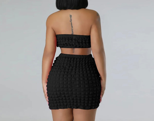 Women Sexy Metal Strapless Crop Two Piece Skirt Set