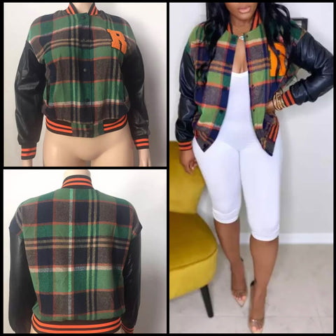 Women Fashion Plaid Letter Print Varsity Jacket