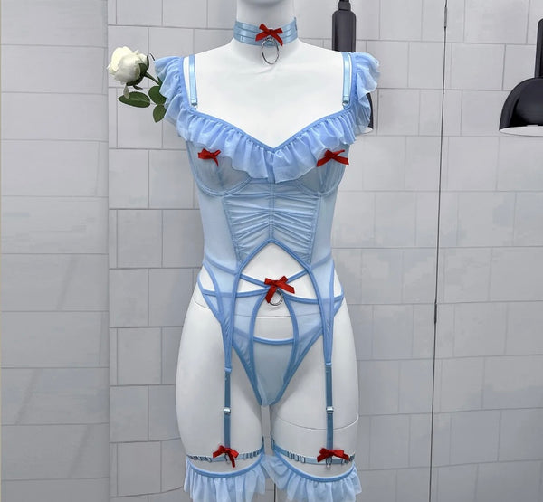 Women Sexy Blue Mesh Red Bow Lingerie Set