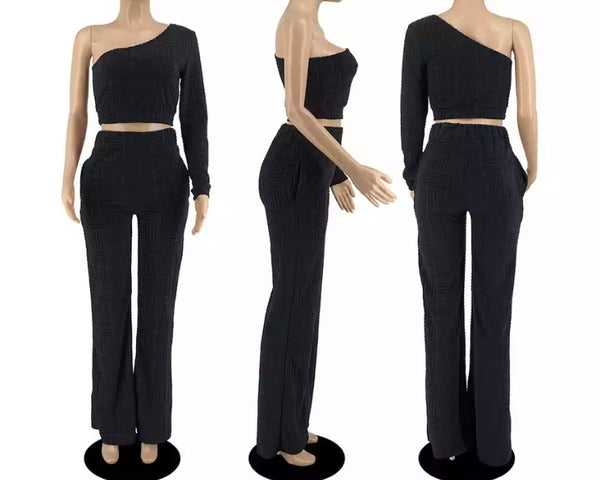 Women One Shoulder Crop Sexy Two Piece Pant Set