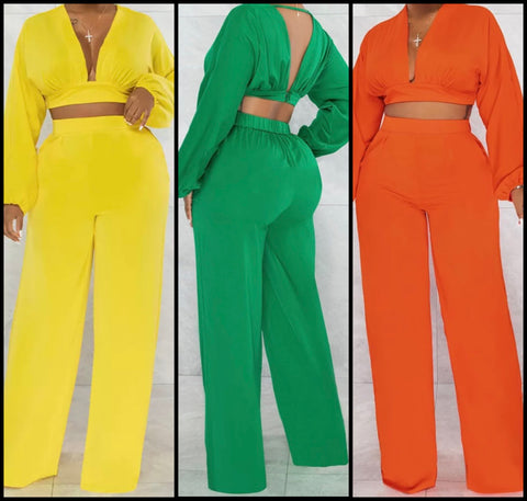 Women Sexy Crop Solid Color Two Piece Pant Set
