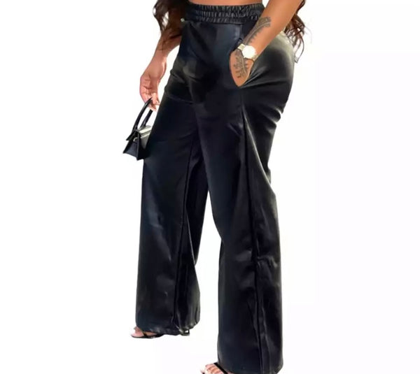 Women Fashion Black Faux Leather Elastic Waist Wide Leg Pants