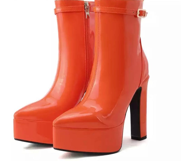 Women Patent Leather Fashion Platform Ankle Strap Boots