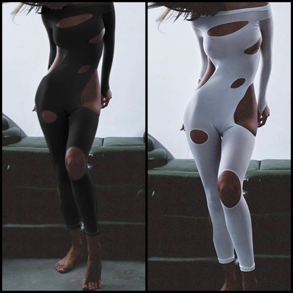 Women Fashion Full Sleeve Hollow Out Solid Color Jumpsuit